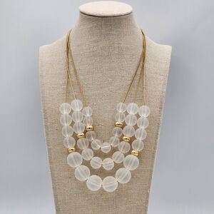 VTG Triple Strand Frosted Acrylic  & Gold Tone Beads Top Chain 17" Costume Jewel